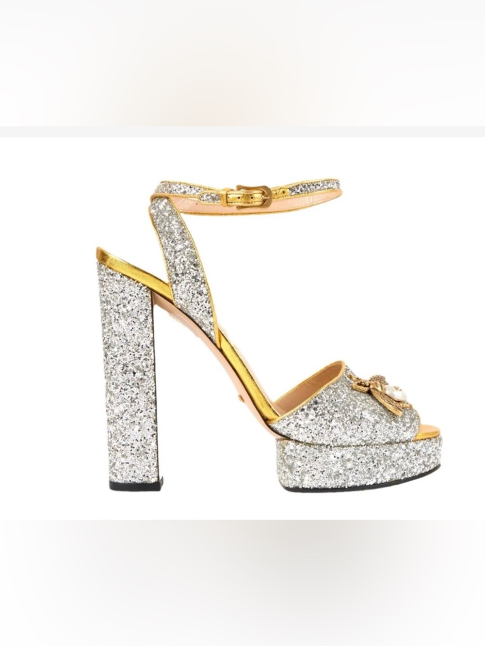 Women’s Silver Glitter Platform Sandal with Gold Trim - designer inspired 39/8